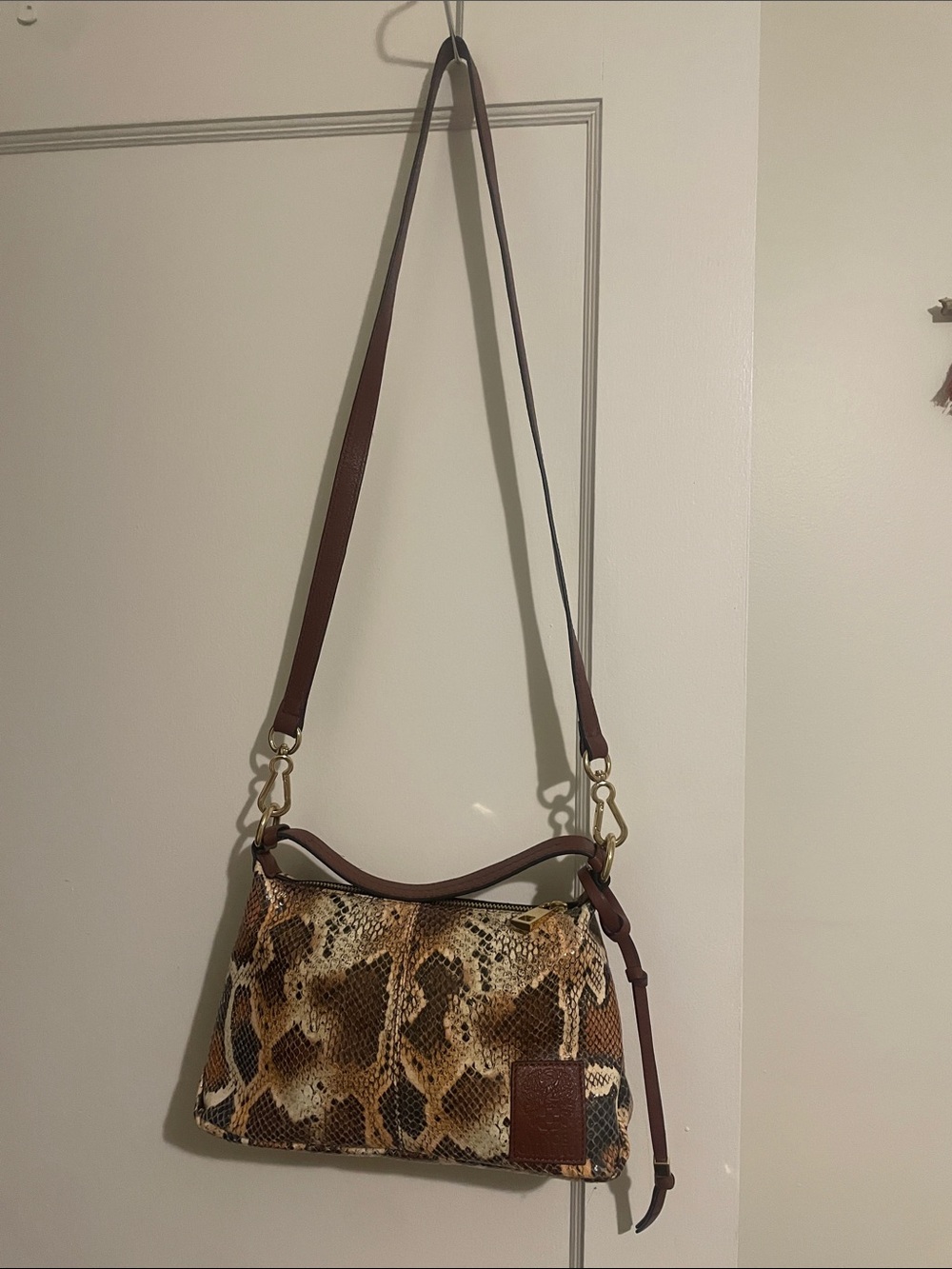 Vince Camuto Brown Snake-Print Crossbody with Tan Trim
